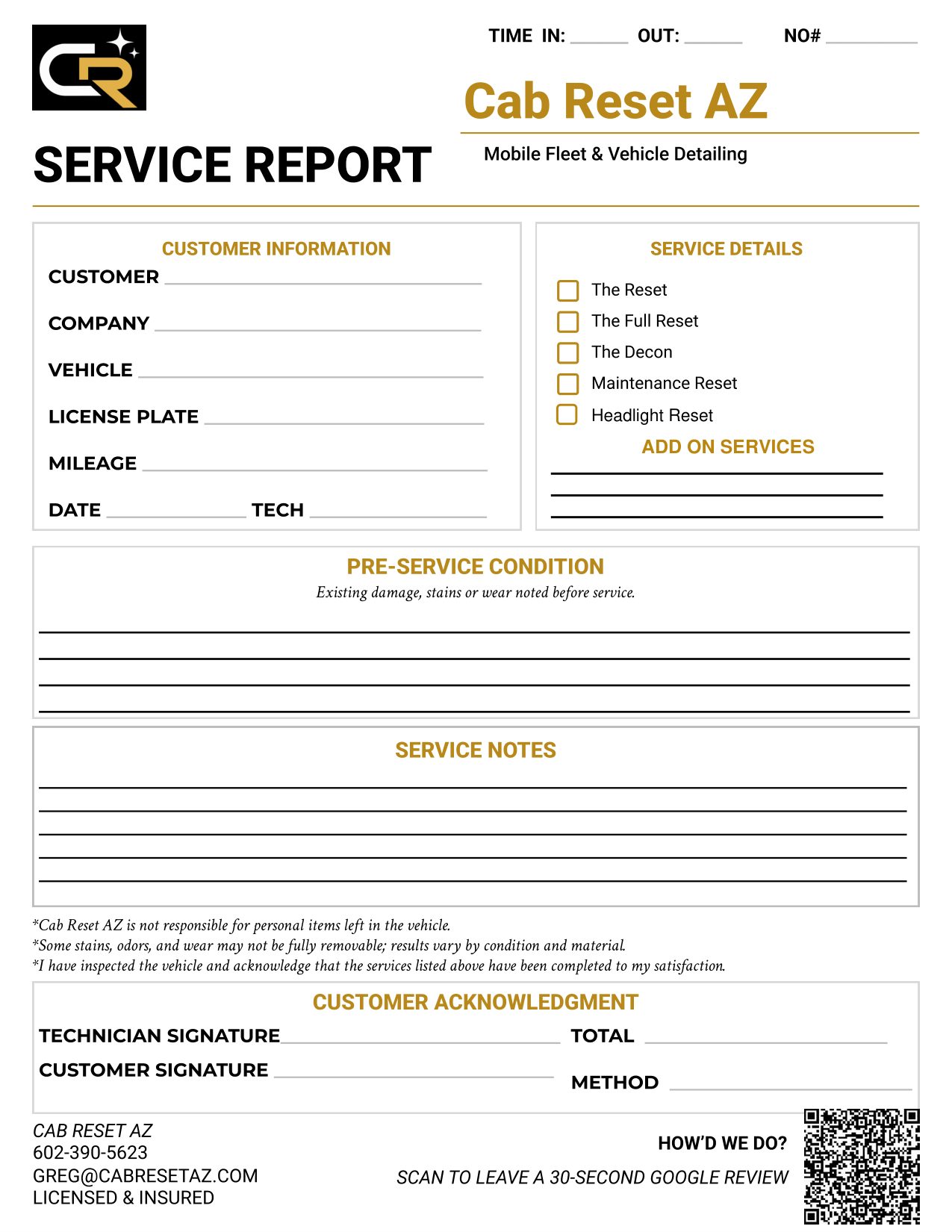 Cab Reset AZ sample service report